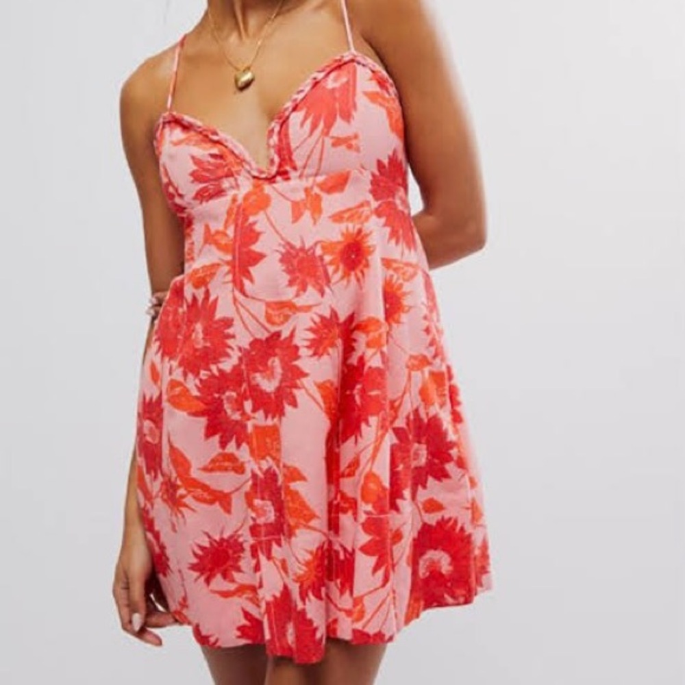 Free People Altura Pink and Red Floral Mini Dress sz L